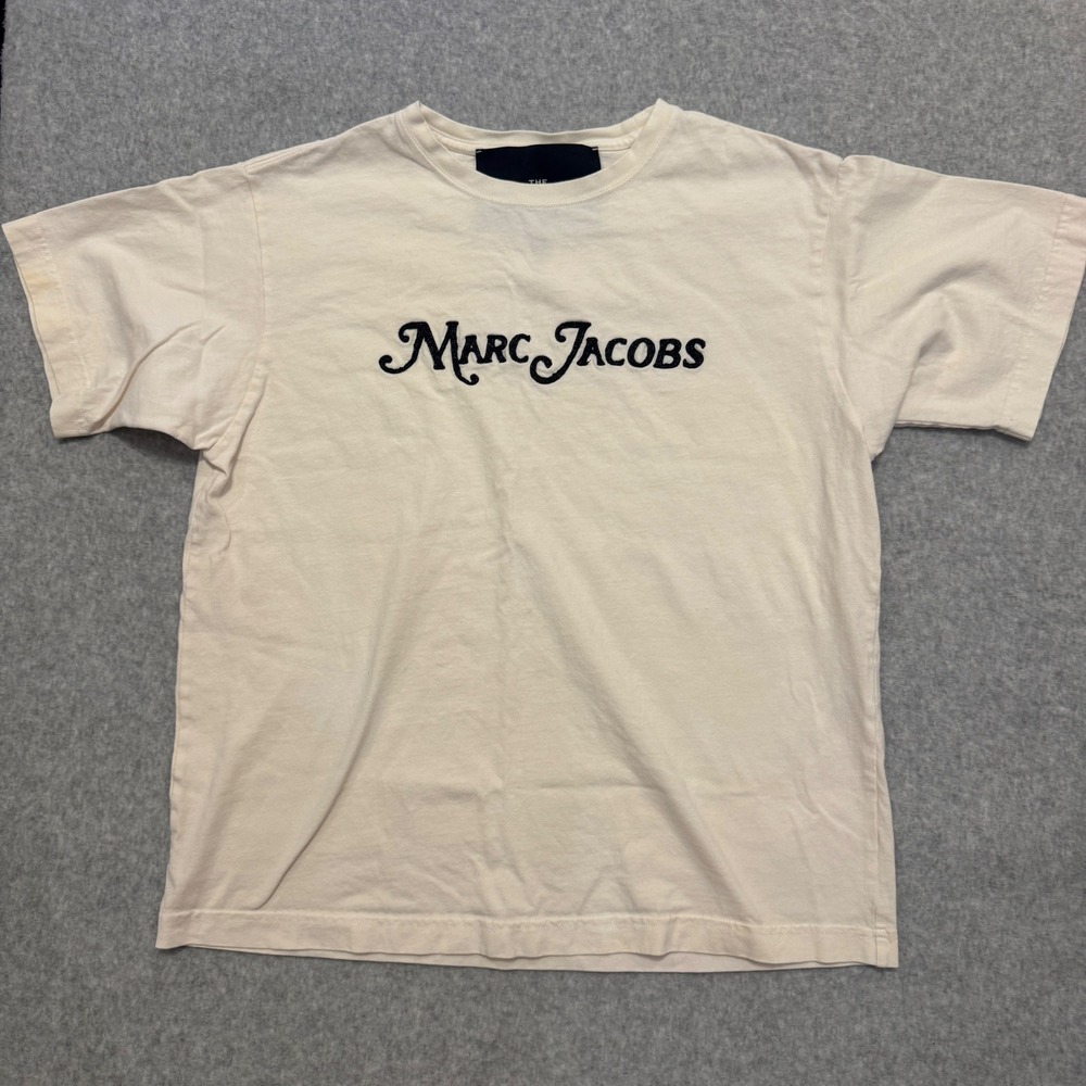 Marc‎ Jacobs The Logo T-Shirt White Cream Embroidered Script Mens Medium Flaw